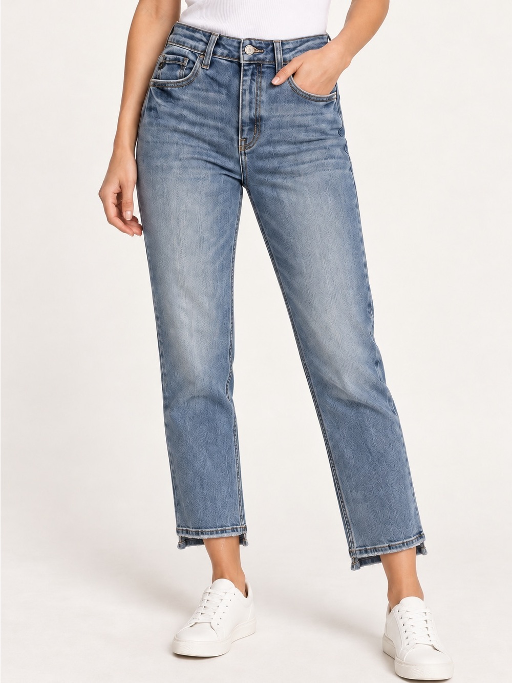 Kancan Size 4 High Rise Straight Leg Jeans Light Wash Step Hem Stretch Denim